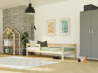 Produktbild von Einzelbett aus Holz SAFE 5-in-1 mit Barriere 140x200 cm Unlackiert, Mit zwei Barrieren