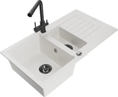 Produktbild von Mexen Matias 1,5-Becken-Granitspüle mit Abtropffläche und Mischbatterie Duero, Weiß - 6502-20-671600-70