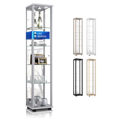 Image de K-Möbel vitrine en verre debout en aluminium / argent (176x37x33 cm) avec 4 étagères en verre réglables en hauteur, miroir & LED - vitrine debout