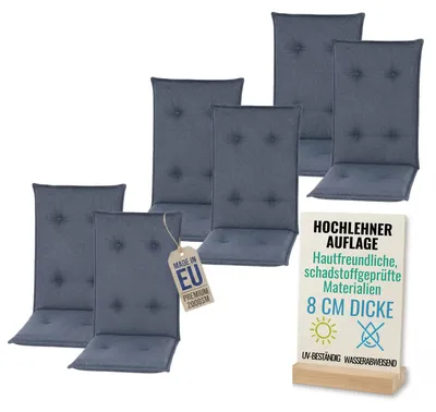 Produktbild von Pillows24 - 6x Hochlehner Auflagen 120x50x8 cm | Gesteppte Wetterfeste Gartenstuhlauflagen | Polster Sitzkissen für  Gartenmöbel |   EU | Blau