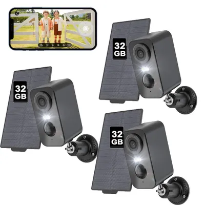 Image de 3X 2K caméra de surveillance extérieure Batterie solaire : Caméra de surveillance extérieure sans fil WLAN 32GB carte mémoire