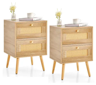 Produktbild von Nachttisch aus Holz mit 2 Rattan-Schubladen, Nachtkommode 40 x 40 x 59 cm, Beistelltisch für Wohnzimmer und Schlafzimmer (2 Stück)
