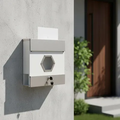 A modern mailbox mounted on a concrete wall next to a house entrance.