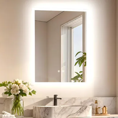 Image de Miroir de salle de bain éclairé WISFOR, 3 couleurs de lumière, 50x70 cm, miroir LED pour salle de bain, miroir mural avec interrupteur tactile, variateur de luminosité