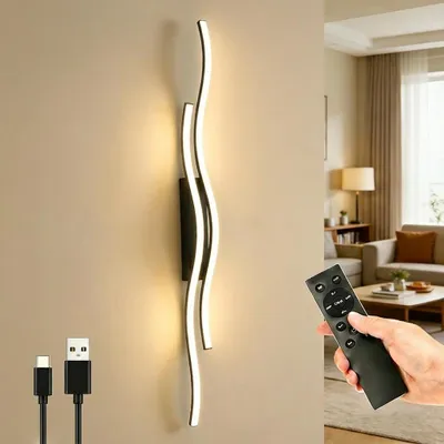 Produktbild von Akku Wandleuchte Innen Schwarz, 10000mAh, 140CM, Fernbedienung mit Dimm- und Timer, Moderne Wave-Serie LED Lampe für Wohnzimmer Schlafzimmer Esszimmer