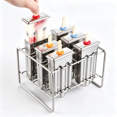 Produktbild von Eis am Stiel Form Edelstahl 6er Set, DIY Eiscreme Form mit Holzstielen, lebensmittelechte 304 Edelstahl Form für Eiswürfel und Popsicles, Eisdiele und Ständer
