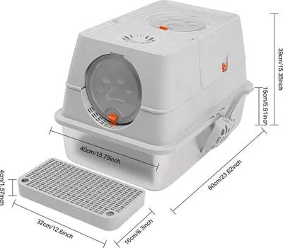 Image de Bac à litière pour chat - Grand bac en acier inoxydable - Couvercle rabattable - Anti-odeurs - Facile à nettoyer - Avec pelle et pédale - Pour les grands chats jusqu'à 10 kg - Capacité de 28 l - Gris