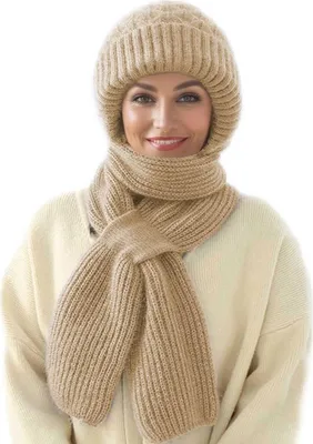 Produktbild von Winter Integrierter Gehörschutz Winddichte Mütze Schal - Damen 2-in-1 Wintermütze mit Kapuzenschal, Verdickt und Warm - Stilvolles Strickmützen-Set, Creme