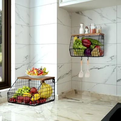 Produktbild von Famanu Küchenorganizer mit Holzdeckel - schwarzer Wandkorb für Obst und Gemüse