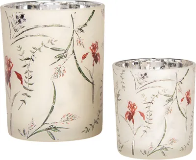 Obrázok produktu pre Clayre & Eef Sada 2 držiakov na čajovú sviečku Ø 7x8 / 10x13 cm Béžové sklenené kvety