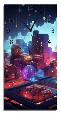 Produktbild von Wallario Design Wanduhr Leuchtende Pixelstadt aus Echtglas, Größe 30 x 60 cm