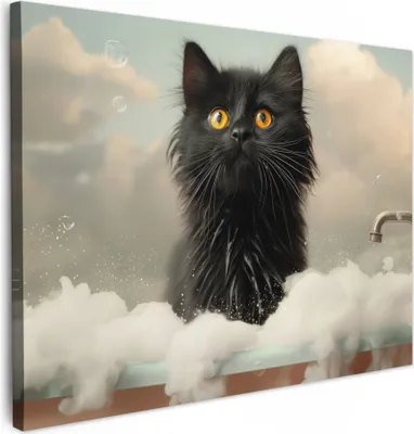 Produktbild von MuchoWow® - Leinwandbilder - Katze - Bad - Schwarz - Tiere - Schaumstoff, Wandbild, Wanddeko Bilder Wohnzimmer, 70x50 cm