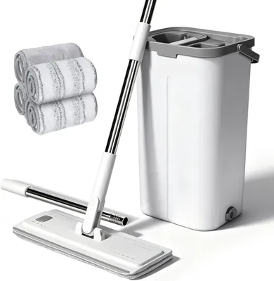 Imagen del producto de Juego de mop con cubo, mango de acero inoxidable de 140 cm, 5 paños de microfibra, sistema de escurrido higiénico, apto para todo tipo de suelos