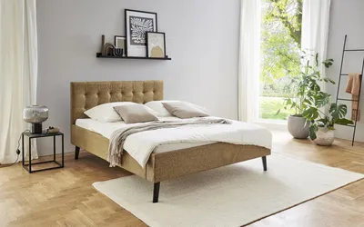 Produktbild von Meise Möbel Polsterbett Empire 140x200 cm | Bettgestell | Kopfteil gesteppt | Cordstoff Ocker | Holzfuß schwarz