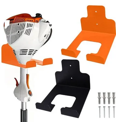 Image de 2 supports pour coupe-bordures, supports métalliques robustes pour coupe-bordures et outils de jardin, système de fixation compact pour le rangement dans un garage, un abri de jardin ou pour des outils électriques