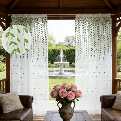 Immagine prodotto di Set da 2 tende da esterno con ricamo a foglie, zanzariera per gazebo, protezione dagli insetti, 50 g/m², trasparente, rete anti-insetti, ricamo, terrazza, balcone, bianco, 140x260 cm