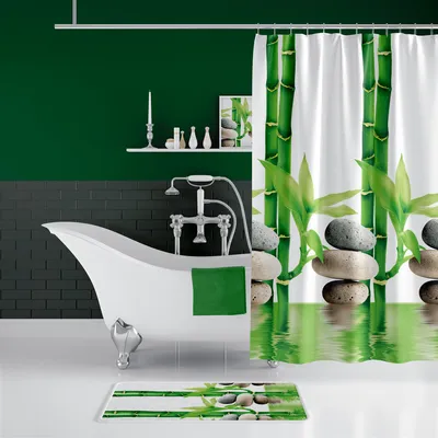Produktbild von Textil Duschvorhang 180 x200cm "Bambus mit Stein" Grün Weiß inkl.Ringe
