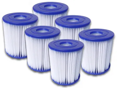A group of six white and blue swimming pool filter cartridges are arranged in a cluster on a white background.