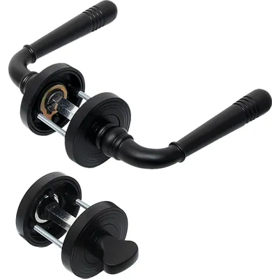Two black door handles with their mounting hardware, shown against a white background.