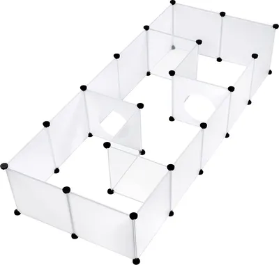 A transparent modular enclosure for small pets, such as rabbits or puppies, with multiple compartments and openings.