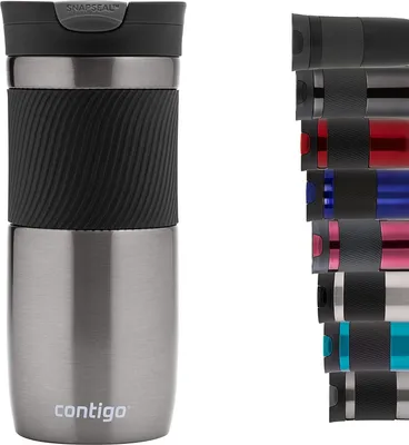 A collection of Contigo travel mugs in various colors, with one mug prominently displayed on the left.