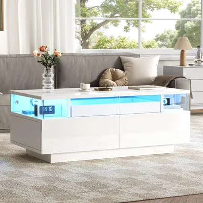 Produktbild von Merax Couchtisch Hochglanz 90x45x35,5cm, Beistelltisch mit LED-Beleuchtung App-gesteuert, Wohnzimmertisch mit Tablett und 2 Schubladen, Glas-Seiten, 3 Ebenen, modern Weiß