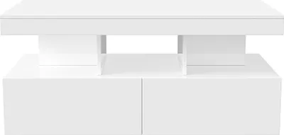 Produktbild von CDGlobal Couchtisch Wohnzimmertisch weiß Hochglanz, Sofatisch mit LED Beleuchtung, 2 Schubladen und offenen Fächern, modern Kaffeetisch mit Stauraum, für Büro Empfang Wartebereich,104x53x46cm