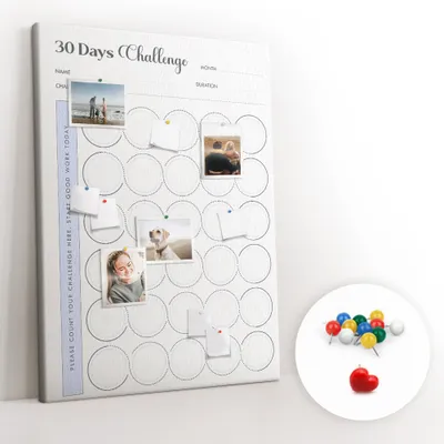 Imagen del producto de Tablero de corcho con chinchetas – Tablero con chinchetas para fotografías y notas – 100x140 cm – 100 chinchetas de colores – Planificador de 30 días