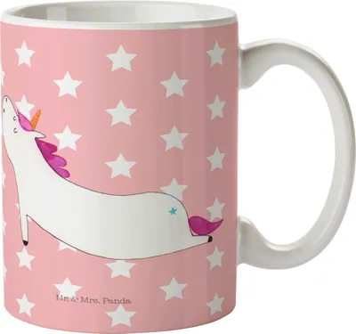 Produktbild von Mr. & Mrs. Panda Teetasse Einhorn Yoga - Rot Pastell - Geschenk, Kaffeetasse, Yogamatte, haferl, Kaffeebecher, Bedruckte Tasse, Achtsamkeit, Sport, Einhörner, Unicorn