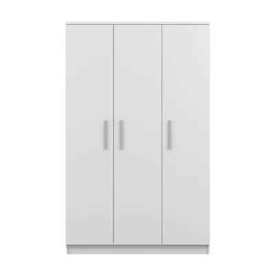 A white wardrobe with three doors and silver handles, presented against a white background.
