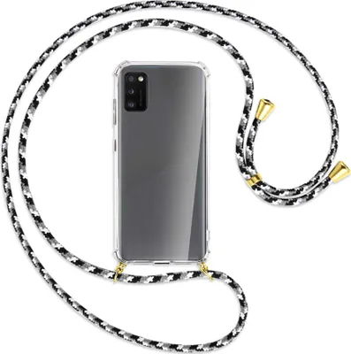 Produktbild von Handykette Backcover-Schutzhülle mit Band (Metall goldfarben) für Samsung Galaxy A41 (A415) - schwarz/grau/weiß