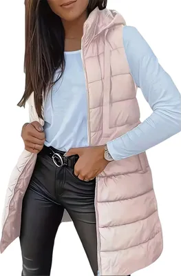 Produktbild von ASKSA Damen Steppweste Lang aermellose mit Kapuze Weste Warm Leichte Winterjacke Casual Steppmantel Einfarbige Winter Sportwesten (Rosa,L)