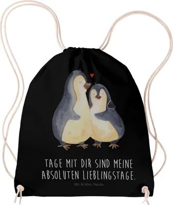 Produktbild von Mr. & Mrs. Panda Stoffbeutel Pinguin umarmen - Schwarz - Geschenk, Hochzeit, Liebe, Beutel, wander rucksack, Jutebeutel, gymnastiktasche, Hochzeitstag, kordelzugbeutel