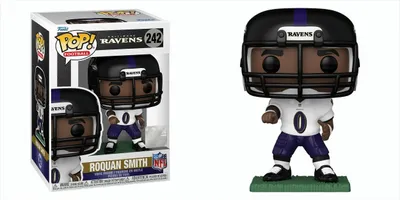 A Funko Pop! vinyl figure of NFL player Roquan Smith in his Baltimore Ravens uniform, shown both in its packaging and out of the box.