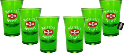 Produktbild von Malteser Aquavit Pflicht Shotglas Schnapsglas Glas Gläser Set - 6x Shotgläser Farbe in Schwarz oder Grün