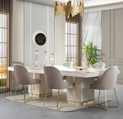 Zdjęcie produktu dla Elegancki zestaw do jadalni składający się ze stołu, 4 krzeseł i kredensu