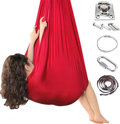 Produktbild von Kinderhängematte, Indoor-Therapie-Kuschelschaukel mit 360 ° drehbarer Deckenhaken, verstellbare Yoga-Lufthängematte Burgunderrot