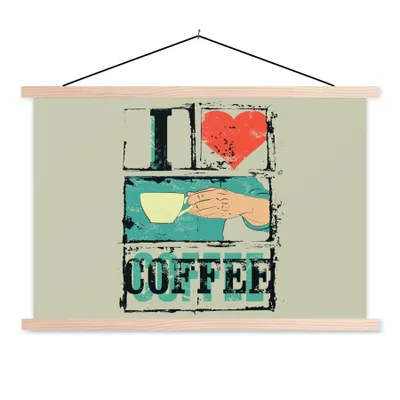 Produktbild von MuchoWow® Textilposter Kaffee - Zitate - Vintage - Sprichwörter - Ich liebe Kaffee 60x40 cm mit holzfarbenen Rahmen - Bilder
