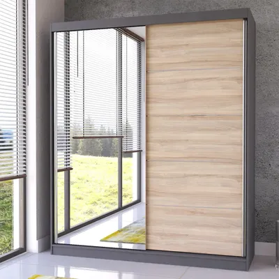 Schwebetürenschrank mit Spiegel in Grau/Sonoma Eiche
Breite: 183 cm
Höhe: 218 cm
Tiefe: 61 cm