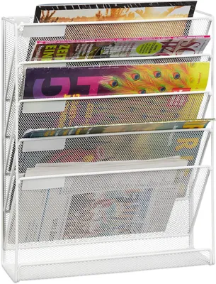 Produktbild von Zeitschriftenhalter für Wandmontage – Format A4 – 5 Fächer – Metall – Dokumentenhalter 40,5 x 32,5 x 10,5 cm – Weiß