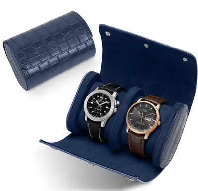 Image de Boîte de rangement pour 2 montres, en similicuir, bleu foncé, avec 2 compartiments