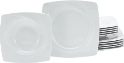 A set of white square plates and bowls on a white background.