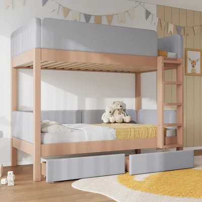 Produktbild von Flieks Etagenbett 90x200cm mit 2 Schubladen, Kinder Hochbett mit Leiter, Kinderbett Einzelbett mit Lattenrost und Rausfallschutz für 2 Kinder, Grau