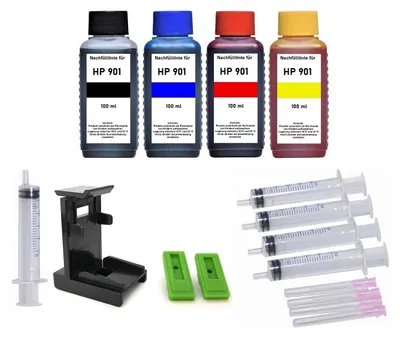 Produktbild von Druckerpatronen-Nachfüllset für HP 901 (XL) black + color Tintenpatronen - 4 x 100 ml Nachfülltinte black, cyan, magenta, yellow + Zubehör für OfficeJet 4500, 4500 Wireless, J4500, J4524, J4535, J4540, J4545, J4550, J4580, J4585, J4600, J4624, J4660, J4680, J4680 C
