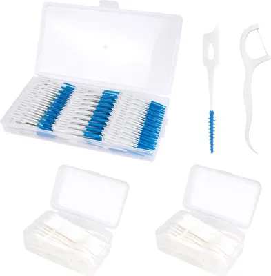 Produktbild von Set von 300 Silikon-Zahnzwischenraumbürsten mit 100 Zahnstocher - Einweg-Zahnstocher zur Reinigung zwischen den Zähnen - Blau