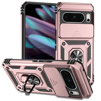 Immagine prodotto di Custodia per Google Pixel 8 Pro a doppio strato con copertura scorrevole della fotocamera e supporto ad anello Rosa