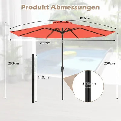 Produktbild von Sonnenschirm für Terrasse und Garten, 300 cm, neigbar und mit Kurbel, Orange