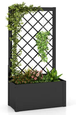 Image de Jardinière COSTWAY, jardinière surélevée avec treillis, treillis métallique et brise-vue, jardinière pour plantes grimpantes, bac à fleurs 63 x 31 x 112 cm, noir