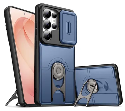 Image de Coque de téléphone pour Samsung Galaxy S25 Ultra avec protection d'objectif et anneau-support, coque hybride antichoc, bleue