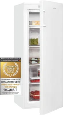 A white upright freezer with its door ajar, revealing several storage compartments and a product inside. A gold and black award badge is placed in the lower-left corner.